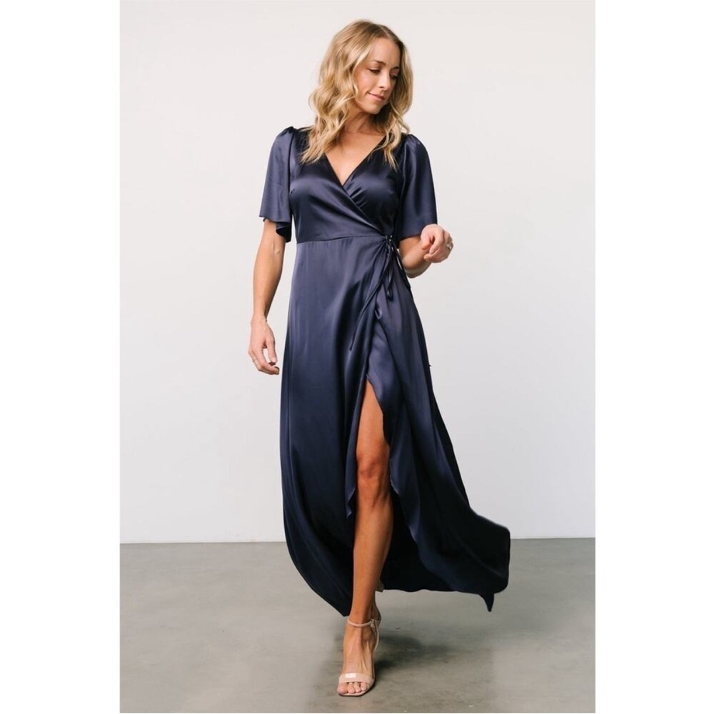 Baltic Born navy blue satin wrap dress short sleeve XS